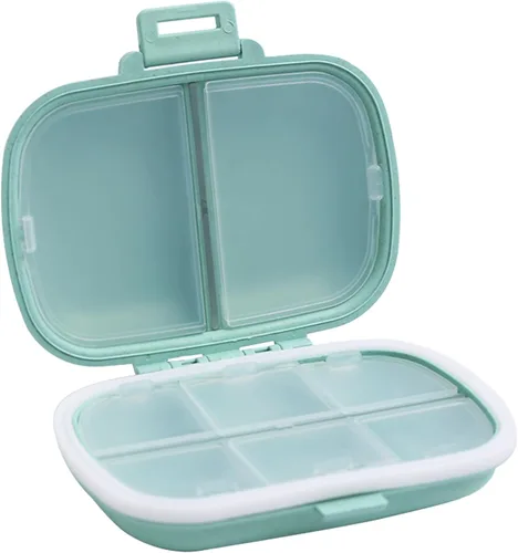 Vista 15 de Organizador de pastillas de viaje con 8 compartimentos, pastillero diario pequeño para bolsa de bolsillo, contenedor de píldoras portátil Azul