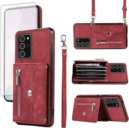 Vista 9 de Funda para teléfono Samsung Galaxy Note 20 Ultra 5G con protector de pantalla, correa cruzada para muñeca, cordón para tarjetas de crédito Note20