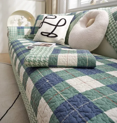 Vista 6 de vctops Funda de sofá de algodón a cuadros Buffalo Check estilo granja, funda acolchada de patchwork para sofá seccional, funda antideslizante