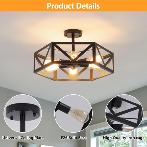 Vista 5 de Lámpara de techo industrial semiempotrada, moderna lámpara de techo negra, lámpara de techo de granja con jaula hexagonal de metal para cocina