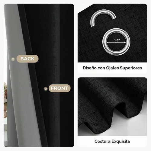 Vista 5 de Joydeco Cortinas negras 100% opacas para dormitorio, oscurecimiento de habitación, aislamiento térmico, cortinas cortas texturizadas con ojales