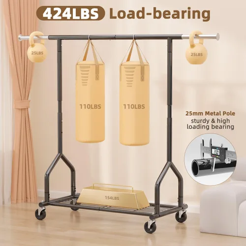 Vista 2 de EAGMAK Perchero de ropa resistente con capacidad de carga de 192 kg, perchero enrollable con estantes, colgador de ropa ajustable de metal