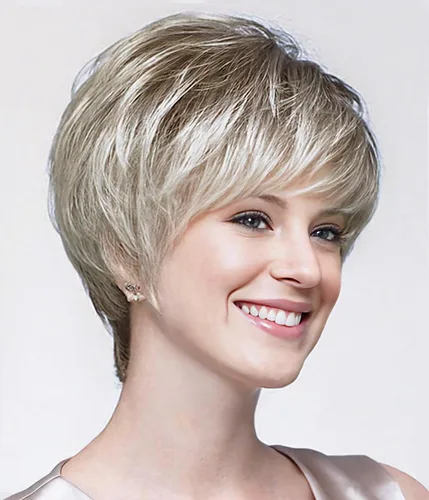 Vista 20 de Pelucas cortas gris plateadas para mujeres blancas, pelucas sintéticas con corte pixie natural y a capas con flequillo, peluca corta de pelo gris