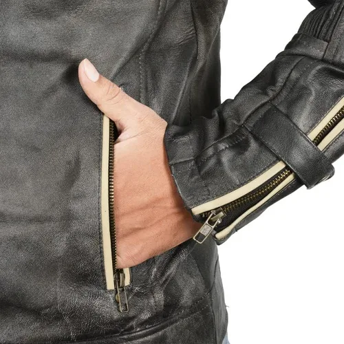 Vista 3 de Spazeup Cafe Racer Chaqueta Vintage Motocicleta Retro Moto Chaqueta de cuero envejecido Chaqueta de motocicleta desgastada para hombre