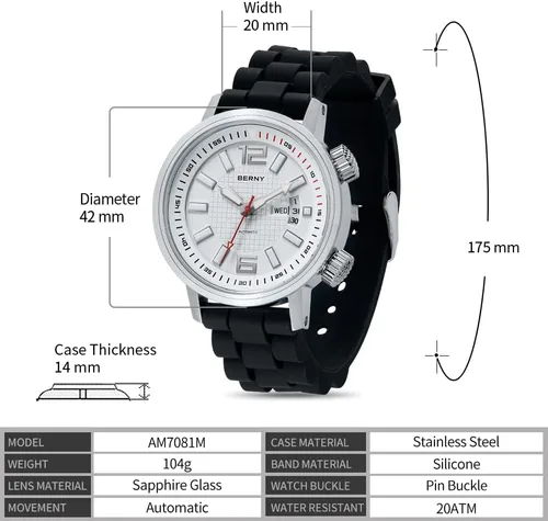 Vista 6 de BERNY Reloj de buceo mecánico automático para hombre, correa de silicona deportiva, resistente al agua, 20 ATM, cristal de zafiro resistente a