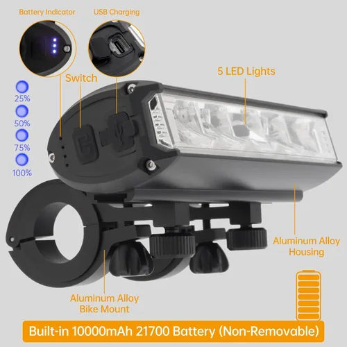 Vista 6 de Luz de bicicleta recargable por USB de 2000 lúmenes, faro de bicicleta de 10000 mAh con función de banco de energía, barra de luz frontal súper