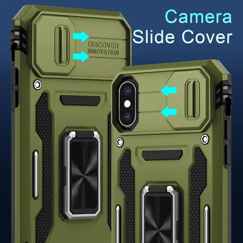 Vista 282 de DEERLAMN Funda para iPhone Xs Max con funda deslizante para cámara + protector de pantalla, soporte giratorio de anillo de grado militar a prueba