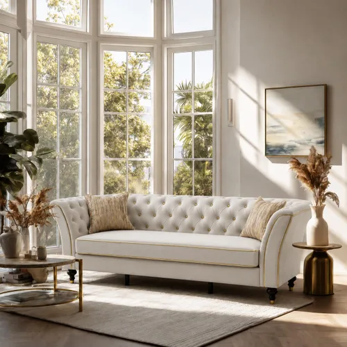 Vista 10 de Beige Velvet Chesterfield Sofa Set, 89.5" 3 Seater Couch for Living Room 2pcs Beige