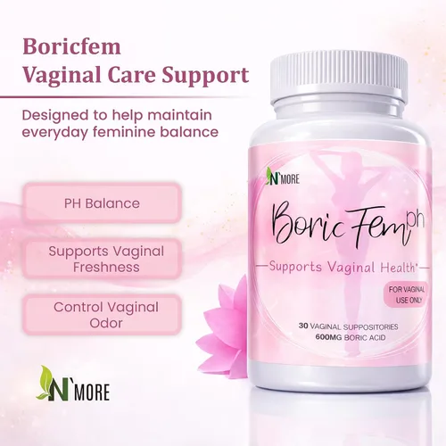 Vista 3 de N'More Supositorios vaginales de ácido bórico, 100% puros, fabricados en Estados Unidos, suplemento de salud vaginal de Boricfem, 30 porciones