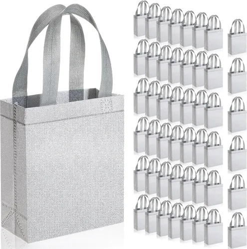 Vista 11 de Woanger Paquete de 48 bolsas de regalo con purpurina con asa, reutilizables, no tejidas, con purpurina para bodas, cumpleaños, despedidas de Negro
