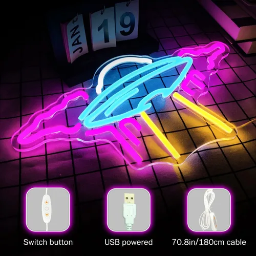 Vista 2 de Letrero de neón OVNI de nave espacial con luces LED de neón regulables para pared, letrero de neón OVNI para dormitorio, niños, espacio