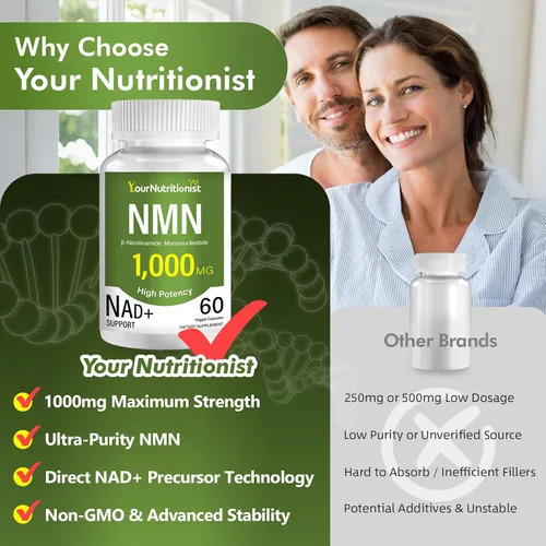 Vista 6 de Suplementos NMN de 1000 mg – 99.9% de pureza probada – Precursor NAD+ – Sin OMG – 60 cápsulas veganas