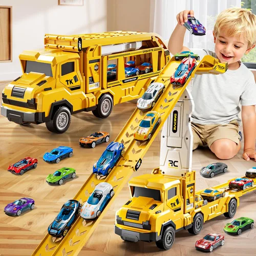 Vista 8 de Juego de camiones y coches para niños de 3, 4, 5, 6, 7, 8 años, juego de camiones transportadores con pista de 12 coches fundidos a presión