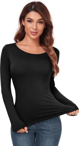 Vista 4 de AUHEGN Camiseta térmica de manga larga con cuello redondo para mujer, ajustada, camiseta térmica