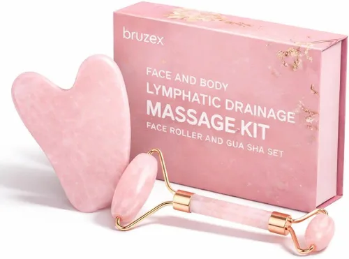 Vista 6 de Bruizex Juego de masajeador facial de drenaje linfático: rodillo facial de cuarzo rosa y herramienta facial Gua Sha para masaje linfático, alivio