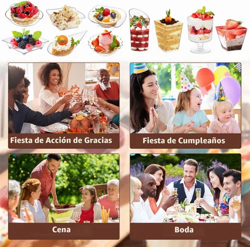 Vista 7 de Tessco for you Juego de 1600 mini platos de aperitivo, tazas de postre, tazas de plástico para parfait de formas variadas con cucharas desechables