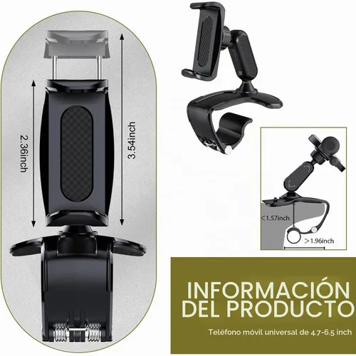 Vista 2 de Soporte giratorio para teléfono de automóvil de 360°, abrazadera de resorte ajustable para teléfonos inteligentes de 4.7 a 6.5 pulgadas, soporte
