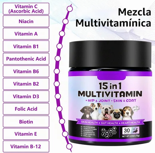 Vista 2 de Multivitamínico masticable para perros, vitaminas y suplementos diarios para perros, suplemento diario completo 15 en 1 con glucosamina