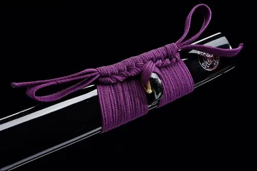 Vista 8 de Espada Katana Samurai japonesa púrpura noble 1095 acero al carbono Sakura grabado Saya