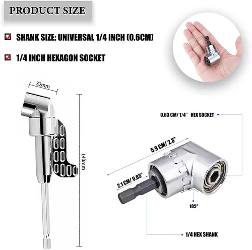 Vista 4 de Extensión de broca flexible + accesorio de taladro en ángulo recto, adaptador de broca de ángulo recto de 105 grados, destornillador en ángulo