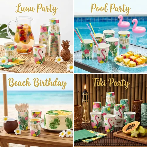 Vista 5 de Hoolerry 60 tazas Luau Aloha Party desechables de papel para fiesta hawaiana Aloha decoraciones de fiesta Tropical Luau 9 onzas verano Tiki piscina