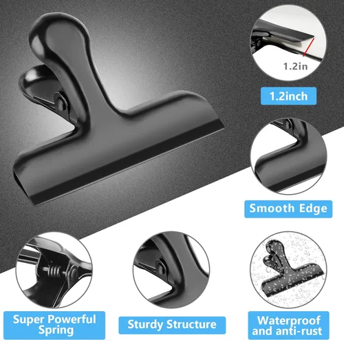 Vista 3 de Pinzas para bolsas, clips de acero inoxidable resistentes, paquete de 8, gran cierre para bolsas de alimentos, ideal para sellar bolsas de café Negro