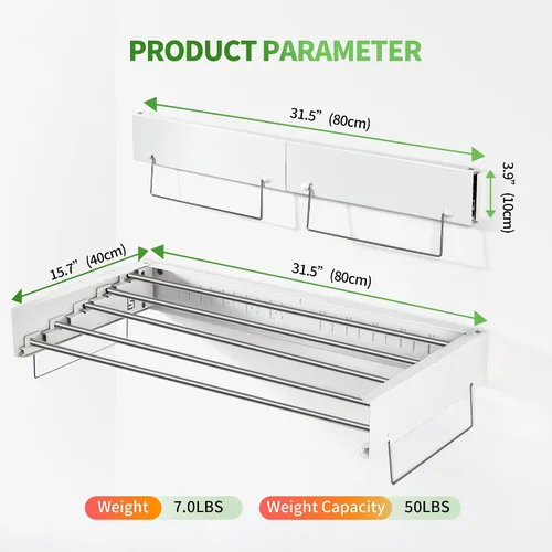 Vista 7 de Heshecein - Tendedero plegable para colgar en la pared, 5 varillas de acero inoxidable, estante plegable para ropa y toallas para interiores