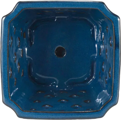 Vista 5 de W&W Ceramic Orchid Pot with Holes and Saucer for Repotting, Blue, 7" Azul