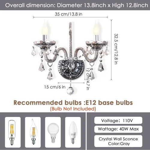 Vista 6 de Apliques de Pared de Cristal Luces de Pared Elegantes Lámpara de Pared de Cristal Gris Retro Juego de 2 Candelabro de Estilo Europeo Adecuado