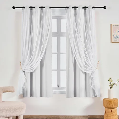 Vista 36 de Anytime - Cortinas para dormitorio de niñas con estrella hueca, cortinas opacas para habitación de niños, cortinas largas para oscurecer