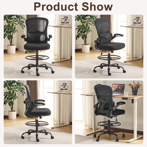 Vista 6 de Karlhome - Silla ergonómica de dibujo con soporte lumbar y reposabrazos abatibles, silla de oficina giratoria alta con anillo reposapiés de altura