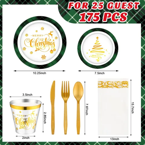 Vista 2 de Layhit Juego de 175 piezas de platos de plástico de Navidad desechables, vajilla de plástico de Navidad desechable para 25 invitados, platos
