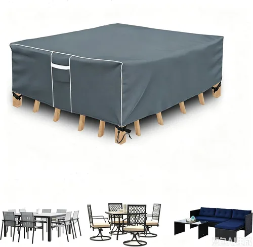 Vista 14 de Funda para mesa de patio, impermeable, rectangular, resistente 500D, protección para todo tipo de clima, para muebles de exterior, 90 pulgadas