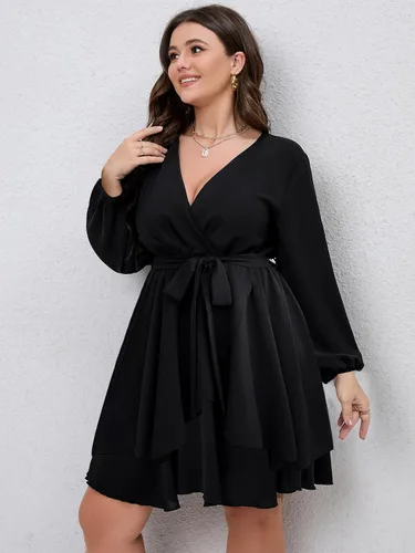 Vista 3 de SCOMCHIC Vestido corto de manga larga con cuello en V cruzado para mujer, talla grande