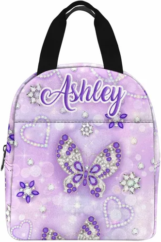 Vista 21 de InterestPrint Bolsa de almuerzo con nombre personalizado para hombres y mujeres, diseño de mariposa rosa y azul personalizada, caja de almuerzo