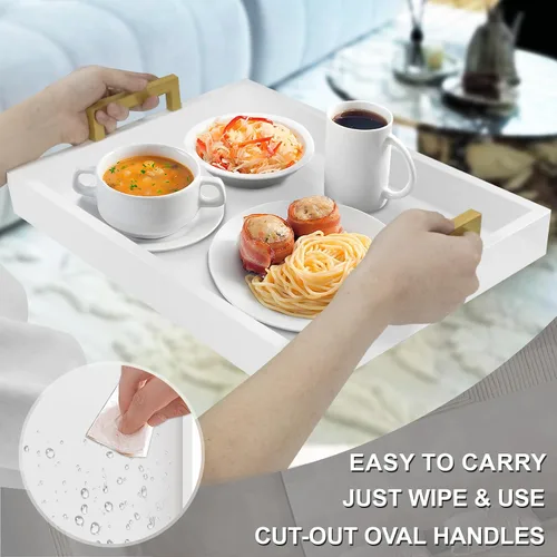 Vista 3 de MAONAME Bandeja de Servir de Madera con Asas, Bandeja Decorativa Blanca para Mesa de Café, Bandeja Rectangular Moderna, Bandeja Otomana de Madera