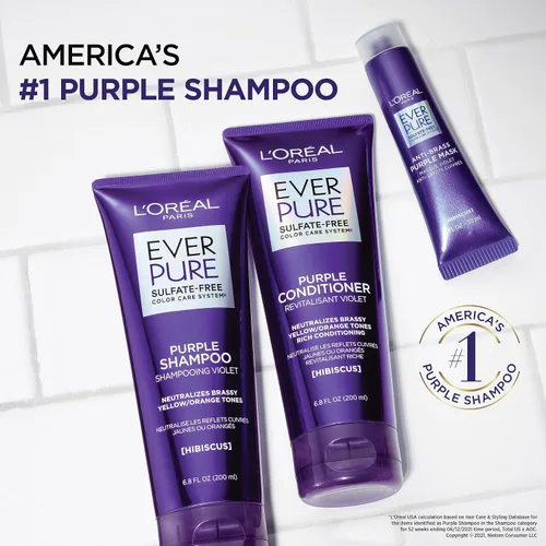 Vista 3 de Champú morada Ever Pure de L'Oréal Paris para el cuidado del cabello y tonificación de cabello rubio, libre de sulfato.