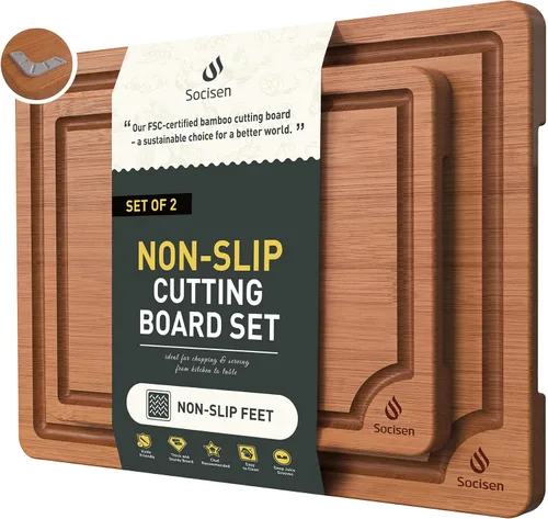 Vista 16 de Tabla de cortar de bambú extra grande con pies antideslizantes y tabla de cortar de madera para cocina con ranura de jugos para carne, verduras