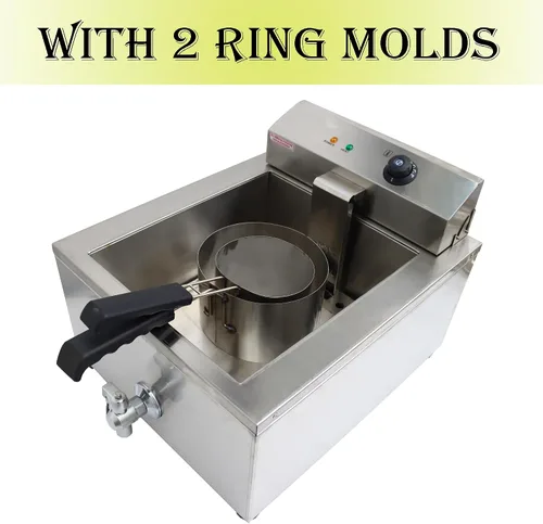Vista 2 de Freidora comercial de acero inoxidable con 2 moldes de anillo para pasteles, donas, pollo frito, papas fritas