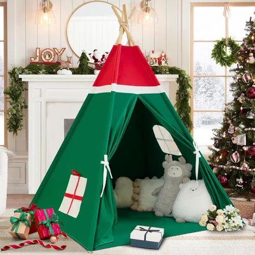 Vista 11 de WIRHAO Tienda de campaña tipi para niños con alfombrilla acolchada, lona de algodón, tipi con pompón para niños pequeños, tienda de campaña