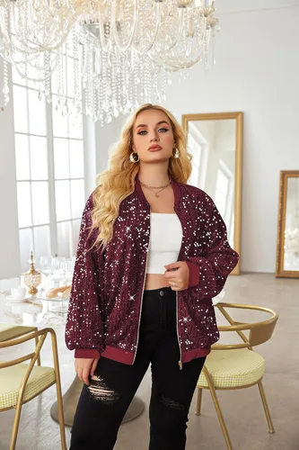 Vista 2 de IN'VOLAND Chaqueta de lentejuelas para mujer, talla grande, chaqueta de manga larga brillante con cremallera frontal, holgada, casual, chaqueta