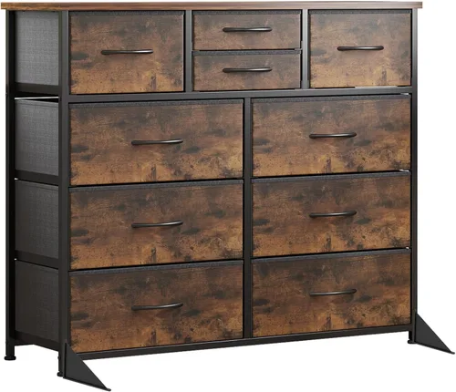 Vista 10 de LUMTOK - Cómoda de 10 cajones, cómodas de tela para dormitorio, pasillo, guardería, armarios, marco de acero, parte superior de madera, mango fácil