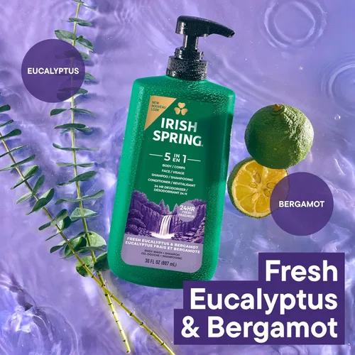 Vista 4 de Irish Spring Gel de Ducha 5 en 1 para Hombres, Gel de Ducha para Hombres, Te Mantiene Fresco y Limpio por 24 Horas, Acondiciona y Limpia Cuerpo