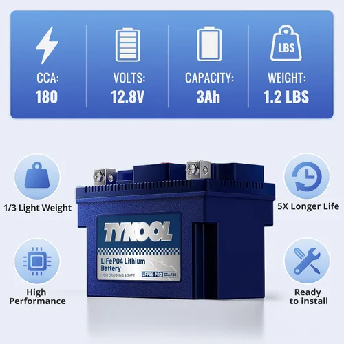 Vista 3 de TYKOOL YTZ5S - Batería de litio para motocicleta, 12,8 V, 3 Ah, 180 CCA LiFePO4, batería para deportes de motor para ATV, UTV, motos de nieve, moto