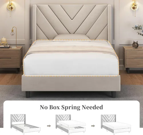 Vista 7 de YAHETECH - Base de cama tapizada tamaño individual con plataforma y cabecera con ala, soporte de listones de madera, cabecera copetada con ala, base