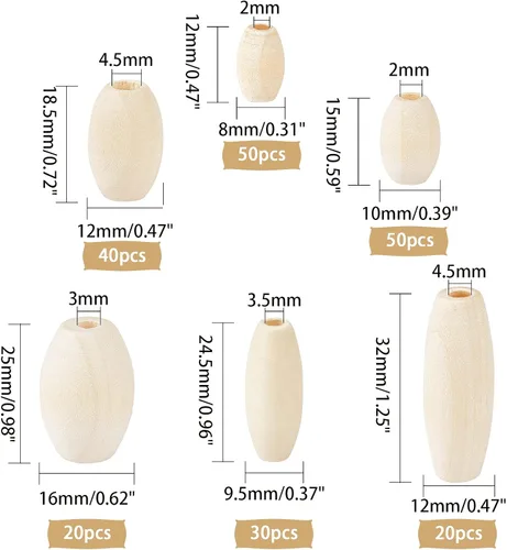 Vista 2 de OLYCRAFT 210 cuentas ovaladas de madera natural, cuentas de madera natural de tamaño mixto, cuentas de barril de madera sin terminar, cuentas
