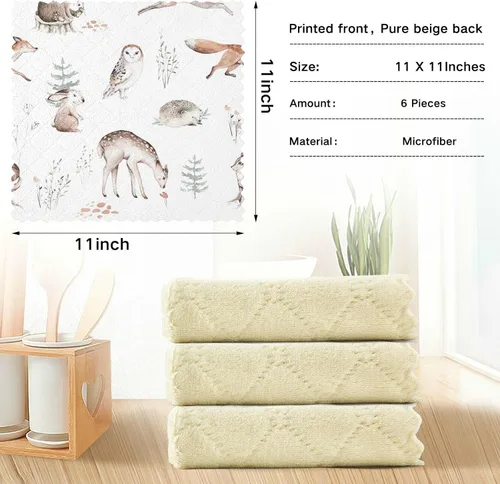 Vista 5 de CaTaKu Paños de cocina de animales del bosque de acuarela, paquete de 6 trapos reutilizables para lavar, paños de limpieza de microfibra, paños