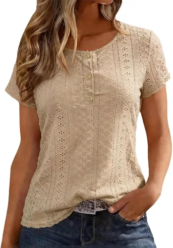 Vista 13 de Camiseta de manga corta con cuello redondo para mujer, blusa holgada con ojales, casual, holgada, para vacaciones, playa, lunares suizos