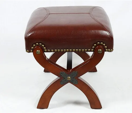 Vista 8 de Reposapiés de cuero, otomano de madera, asiento rústico para pies, reposapiés de madera, reposapiés rectangular pequeño otomano para sala de estar