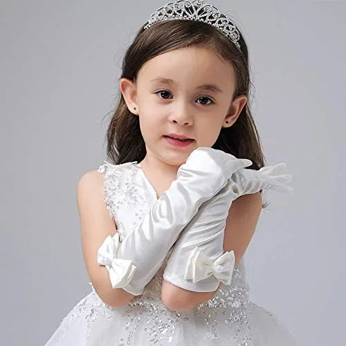 Vista 7 de HIFOT Guantes de vestir para niña, 6 pares, guantes largos de satén sedoso con lazo para niños, fiesta de princesa, boda, concurso formal, edades